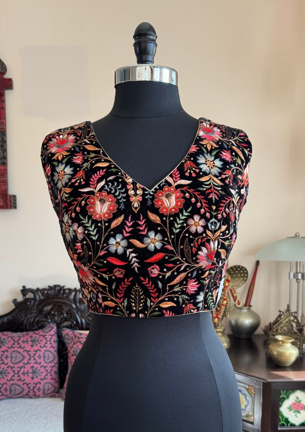 Black Velvet Floral Embroidered Blouse
